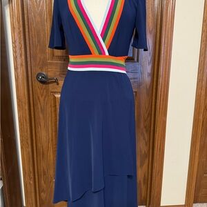 Pre-owned TORY BURCH Size 2 Peggy Color Block Navy Wrap Dress Multicolor Stripes